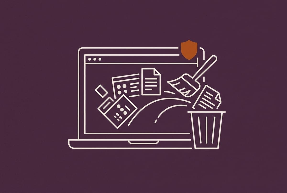 Illustration: a laptop sweeping documents into a trash bin under a small shield, representing removing personal data from the internet